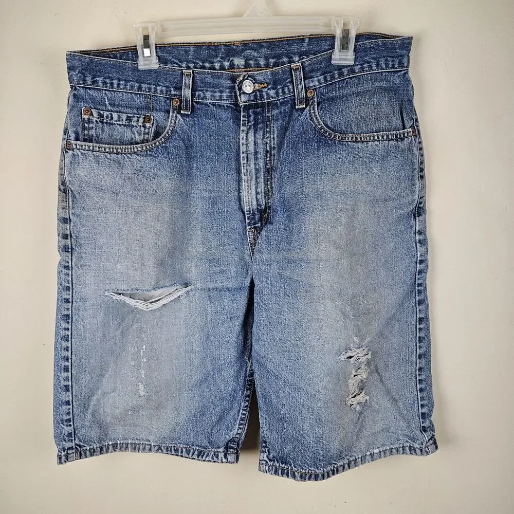 Levi's 569 Shorts Men’s Size 34 Blue Denim Holes fray fade Distressed Jorts